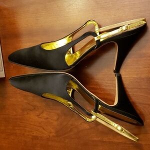 Silvia Florentina Silvia 8N Black & Gold Leather & Satin Sling Back EUC inBx